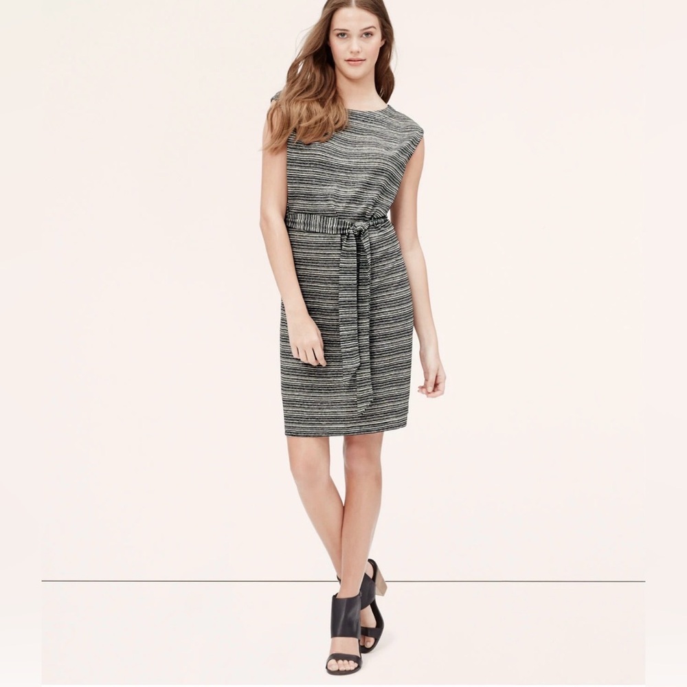 LOFT Oversize Gray Black White Striped Linen Blend Belted Tee Shirt Dress L